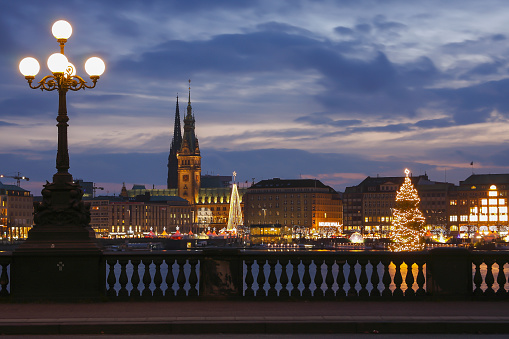 View over Hamburg's Binnenalster with Jungfernstieg and town hall at Christmas lights, Hamburg, Germany,Europe