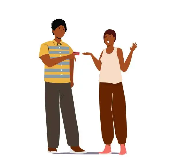 Vector illustration of People Take Money, Financial Help, Debt Concept. Female Characters Borrow Money at Husband or Friend begging money for help.