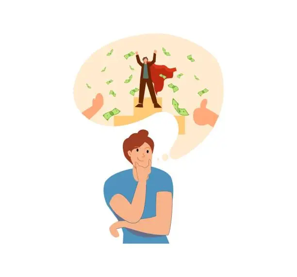 Vector illustration of Male character dream about wealth.