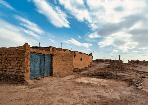 Buildings near old abandoned mine in Erg Chebbi Desert in Morocco, Africa.