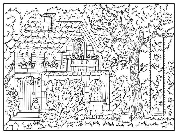 Vector illustration of Vector coloring page with beautiful cottage house, trees, flowers and swing in the garden.