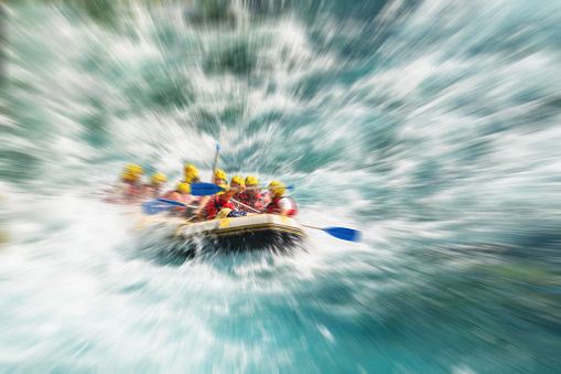 Rafting on a big rafting boat on the river in Antalya Koprulu Canyon