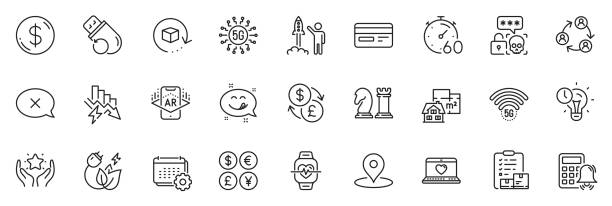 ilustrações de stock, clip art, desenhos animados e ícones de icons pack as 5g wifi, currency exchange and ranking line icons. for web app. vector - human heart flash