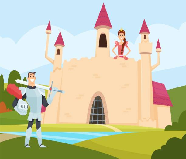 ilustrações, clipart, desenhos animados e ícones de resgate princesa. cavaleiro em armadura de pé perto do grande castelo. fundo do conto de fadas do vetor - battle dress