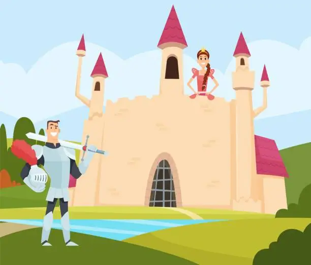 Vector illustration of Rescue princess. knight in armor standing near big castle. Vector fairytale background