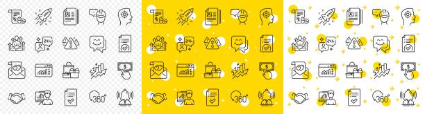 Outline Yoga, Recruitment and Warning line icons. For web app. Vector Outline Yoga, Recruitment and Warning line icons pack for web with Shopping, Startup rocket, Smile face line icon. Approved checklist, Approved document, Consulting pictogram icon. Vector hand shaking emoji stock illustrations