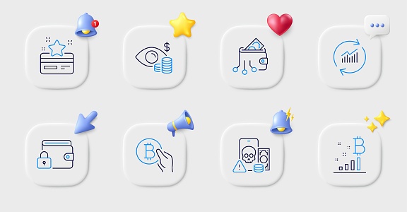 Lock, Update data and Bitcoin graph line icons. Buttons with 3d bell, chat speech, cursor. Pack of Business vision, Digital wallet, Phishing icon. Bitcoin pay, Loyalty card pictogram. Vector