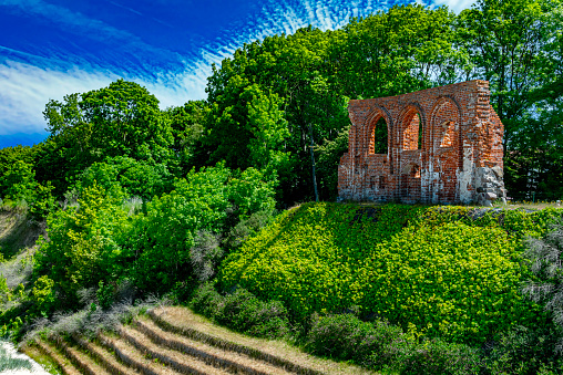 Ruins of the church in Trzesacz near Rewal on the Baltic coast in Poland.