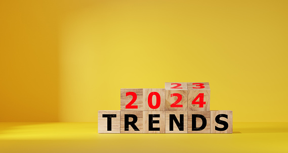 2024 trend concept. flip wood cube change year 2023 to 2024