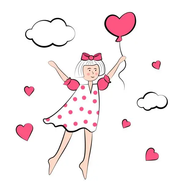Vector illustration of The girl is flying in a balloon