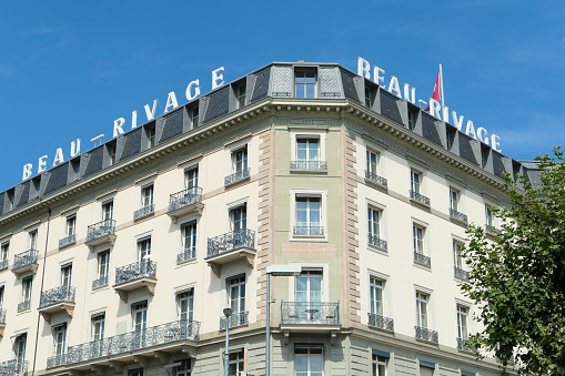 Geneva, switzerland. August 13. 2023. Hotel dating from the 19th century located near Lake Geneva.