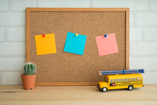 Colors paper on bulletin board, pencil, school bus and cactus pot with white wall background. Education, learning and back to school concept.