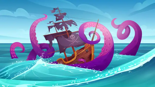 Vector illustration of Battle between giant octopus and pirate ship in sea landscape, monster sinking boat