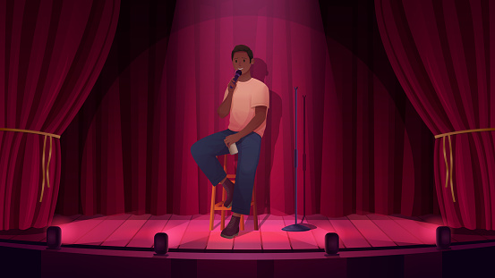 Comedy show, stand up, open mic event with comedian on stage with red curtains vector illustration. Cartoon young man with microphone sitting on stool, comic person performing humor monologue