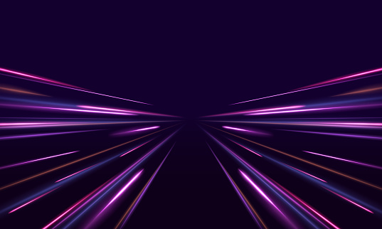 Panoramic high speed technology concept, light abstract background. Image of speed motion on the road. Abstract background in blue and purple neon glow colors. Concept of leading in business, Hi tech