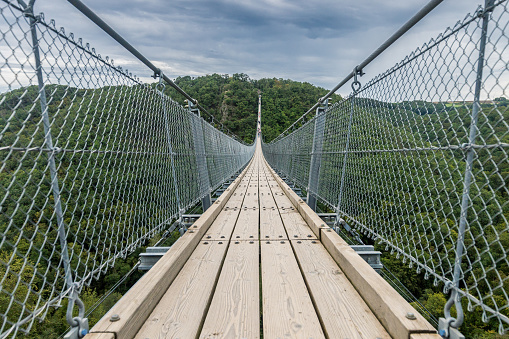 The Geierlay is a suspension bridge in the low mountain range of the Hunsrück in western Germany. It was opened in 2015. It has a span range of 360 metres and is up to 100 metres above ground. On both sides of the bridge are the villages of Mörsdorf and Sosberg.