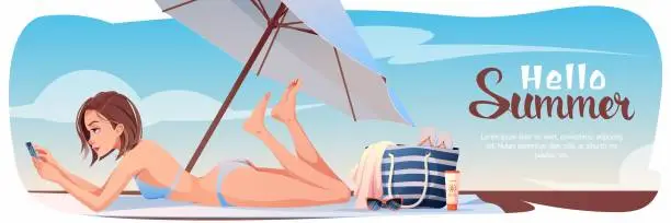 Vector illustration of Horizontal summer banner with sunbathing girl on the beach. Summer vacation at sea, beach vibe, holidays.Tropical background for poster, flyer, advertising