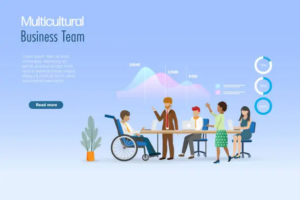 Vector illustration of Multicultural business team brainstorming and discussing business graph chart. Diversity employees with man on wheelchair, LGBT and multiethnic. Vector.