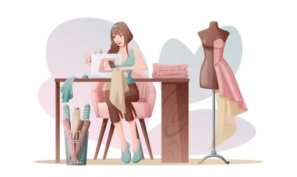 Vector illustration of Woman seamstress works on a sewing machine. Seamstress work, tailoring. Vector illustration of a seamstress in the workplace