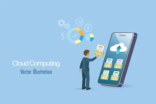 Vector illustration of Businessman working on digital folder and files sharing transferred via cloud computing. Wireless technology on mobile and tablet devices for smart working.