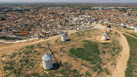 Several windmills preside over the view of the city of Campo de Criptana in Castilla la Mancha