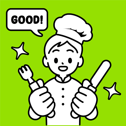 Minimalist Style Characters Designs Vector Art Illustration.
A chef boy holding a fork and a knife, looking at the viewer, minimalist style, black and white outline.