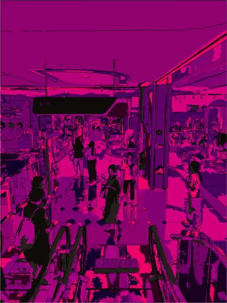 Vector illustration of Abstract purple neon art cartoon illustration people in shopping mall scene pattern background