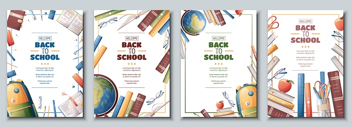 Set of school banners, flyers with backpack, globe, books. Back to school, teacher's day, love of knowledge. Background, poster with school supplies