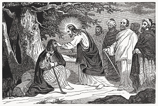 Jesus heals a man born blind (John 9). Wood engraving, published in 1837.