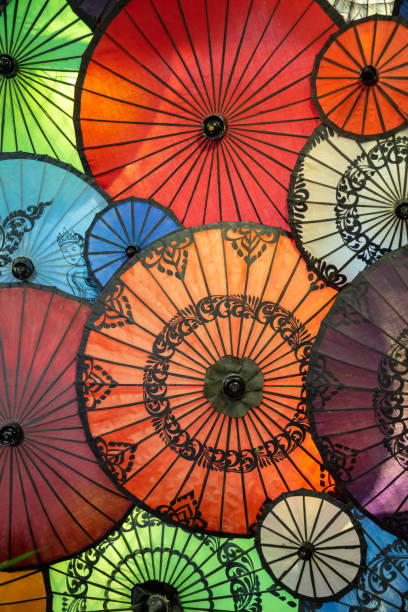 Display of colorful umbrellas in Burma, Myanmar stock photo