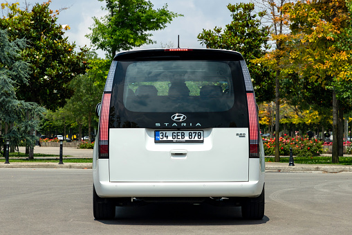 Empty european license plate on the back of a white van, close up photo.