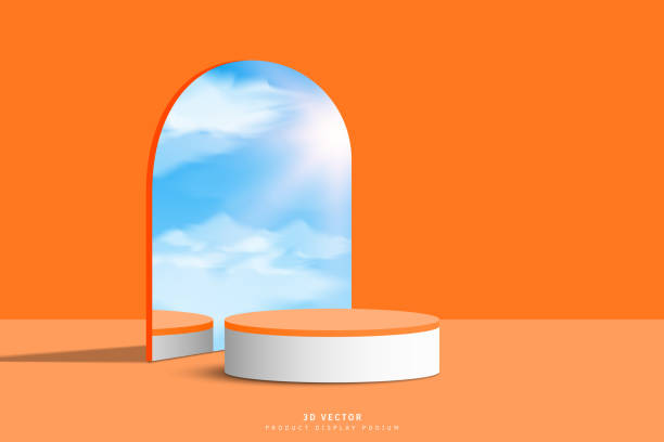 istock 3D white orange podium display. cylinder pedestal or stage for showcase with cloud, sky and sun in arch mirror glass. Outdoor scene design for mockup or product presentation. 3D vector rendering 1616130637
