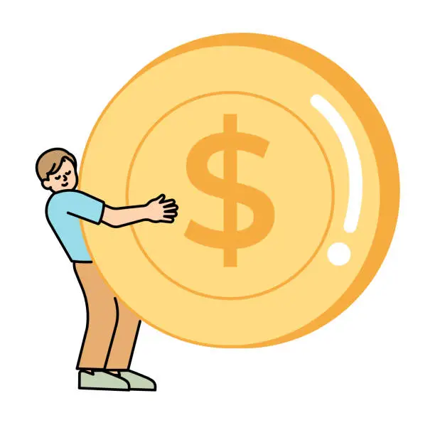 Vector illustration of Man carrying  a large coin. Simple vector Illustration.