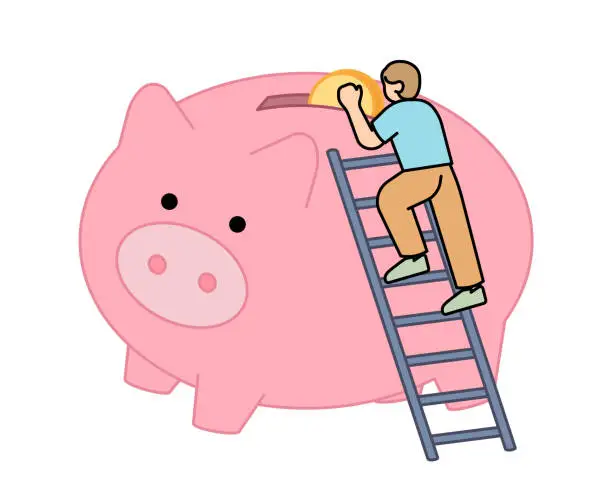 Vector illustration of Man putting coins into a large piggy bank. investment concept. Simple Vector Illustration.