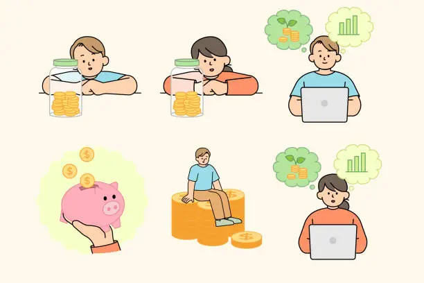 Vector illustration of Stock trading, piggy bank, investment, analysis, saving money concept illustrations. Simple Vector Illustration