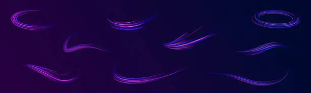 Vector illustration of Colored shiny sparks of spiral wave. Curved bright speed line swirls. The road is glowing. Rotating dynamic neon circle. Magic golden swirl with highlights. Glowing vector swirl bokeh effect