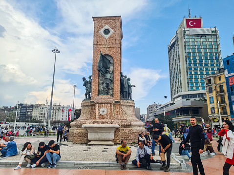 Istanbul, Turkey - April 21, 2023 : The Republic Monument on a Taksim square in Istanbul, Turkey.