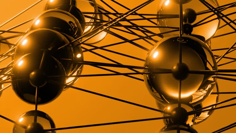 Gold (orange) Abstract Lamps Moving On Plexus Style Wire Wire Iron Bar, Bulb, Art Design Light, Brilliant Idea, Vision, Solution, Philosophy, Metaverse, Crypto, Concept, Mind, Thought, Prediction, Perception Contemporary Art Depiction