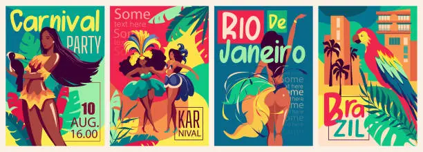 Vector illustration of Brazil carnaval cover brochure set in trendy flat design. Poster templates with woman in bright festival costumes, palms and parrots decoration, invitations to traditional event. Vector illustration.