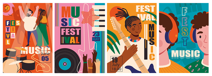 Music fest cover brochure set in trendy flat design. Poster templates with happy dancing people listening music, rock band performing on stage, summer festival with singers show. Vector illustration.