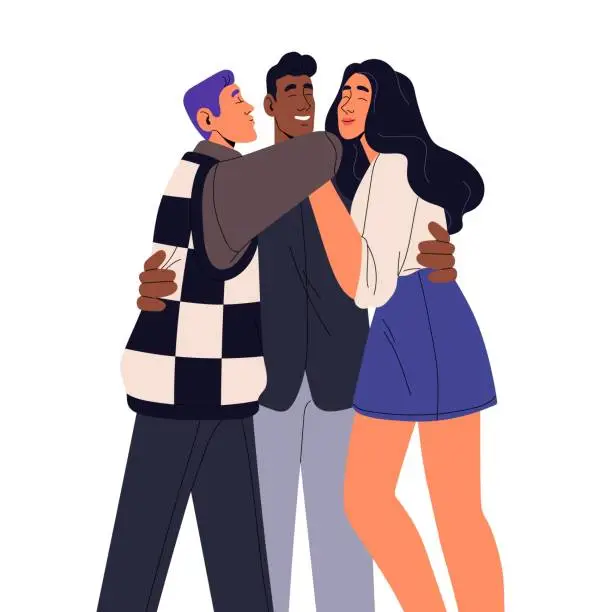 Vector illustration of Polyamory love partners. Bisexual men and woman hugging, kissing together. LGBT polyamorous people in romantic relationships. Poly family. Flat vector illustration isolated on white background