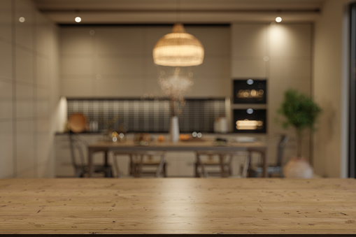 Wood Empty Surface With Blurred Kitchen Background At Night