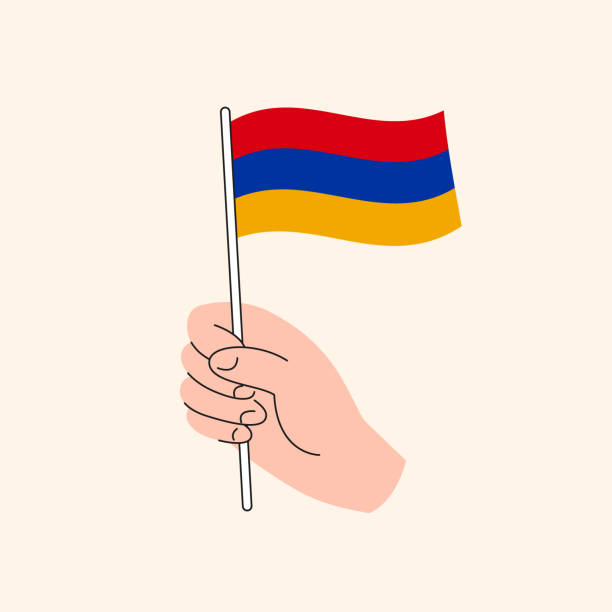 cartoon hand holding armenian flag, isolated vector drawing. - ermeni bayrağı stock illustrations