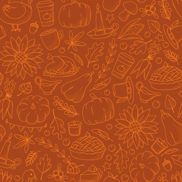 ilustrações de stock, clip art, desenhos animados e ícones de thanksgiving and autumn seamless pattern with doodles - vector thanksgiving fall holidays and celebrations