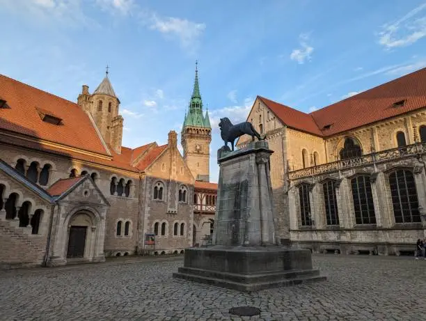 A scenic view of the Burgplatz square in Braunschweig, Germany with the historic Braunschweiger Lowe