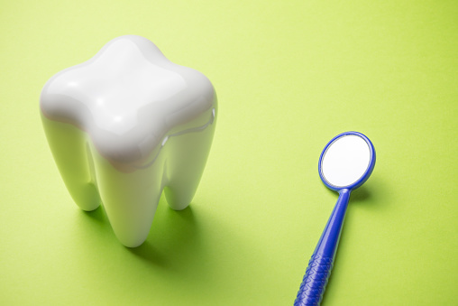 White healthy tooth model and dentist mirror on green background. Dental care, check up and healthcare concept.
