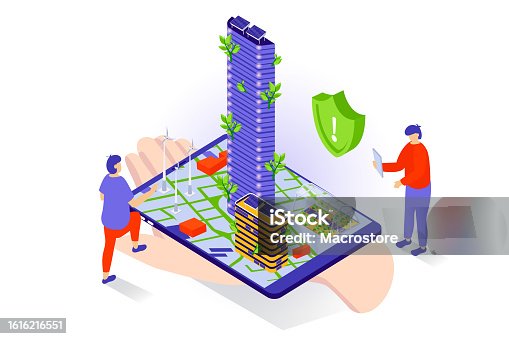 istock Eco lifestyle concept in 3d isometric design. People using green energy technology and waste management in smart city with eco infrastructure. Vector illustration with isometry scene for web graphic 1616216551