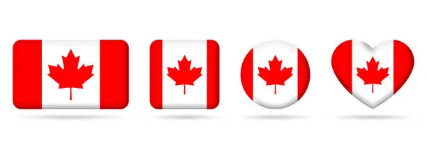 Vector illustration of Canada flag icon or badge set. Canadian square, heart and circle national symbol or banner. Vector illustration.