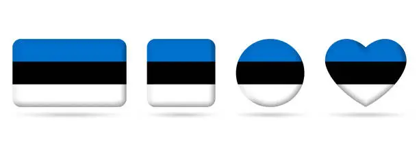 Vector illustration of Estonia flag icon or badge set. Estonian square, heart and circle national symbol or banner. Vector illustration.