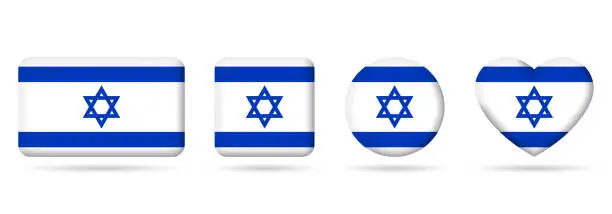 Vector illustration of Israel flag icon or badge set. Israeli square, heart and circle national symbol or banner. Vector illustration.